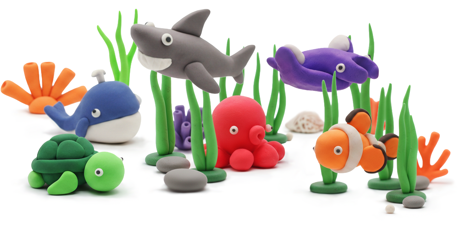 A set of themed clay figurines, like dinosaurs or animals