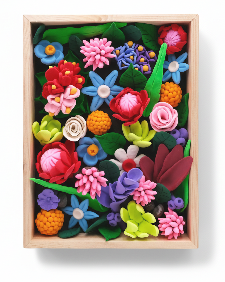 A detailed shadowbox filled with miniature clay items